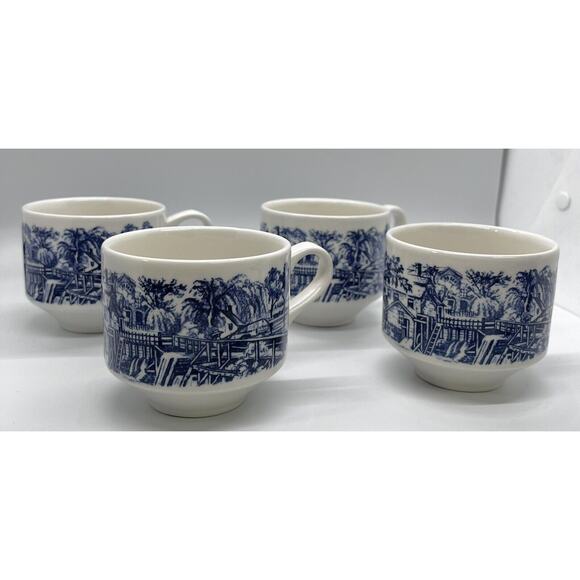 Vtg Churchill England Cups Mill Dam Blue Set of 4 Willow HTF Pattern - Picture 4 of 5